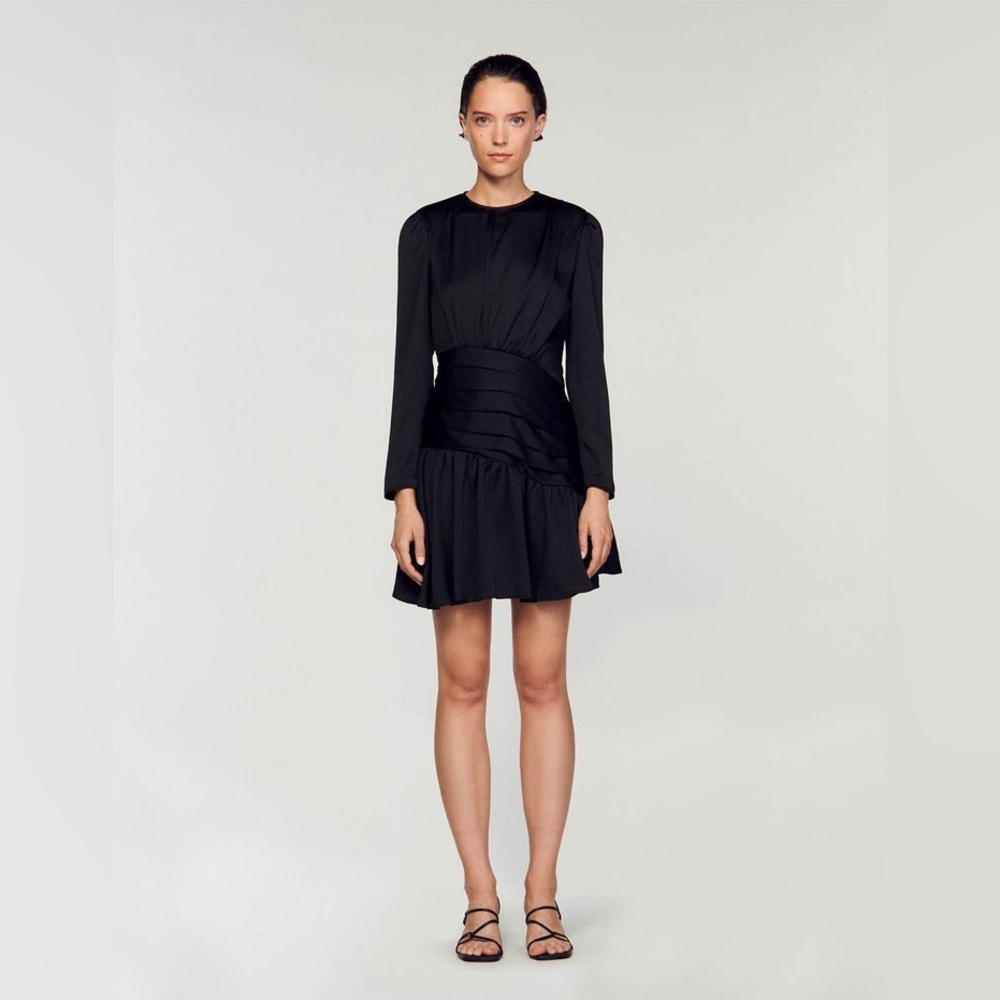 Sandro Black Long-Sleeve Pleated Waist Mini Dress